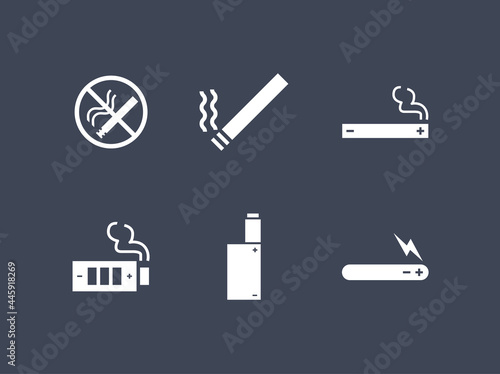 Smoke and vape icon set. No smoking cigarette and vape e-cigarette device white icons