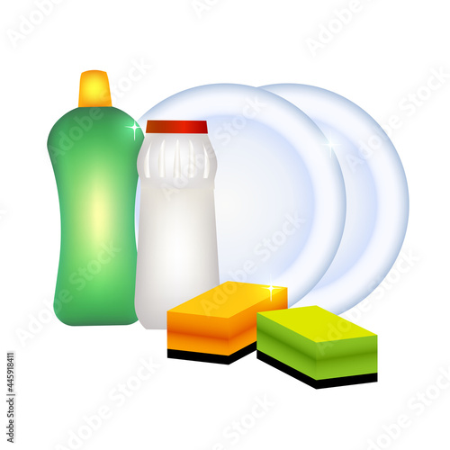 Fresh dinnerware isolated on white background. Dishwashing and cleanliness vector illustration.
