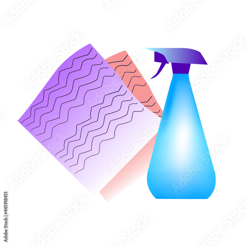 Spray bottle and wiping washing rags isolated on white background. Housework for disinfect vector illustration.
