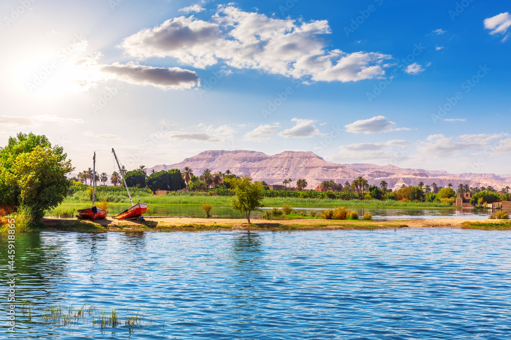 Nile cruise scenery, view on the river and the Valley of the Kings, Luxor, Egypt