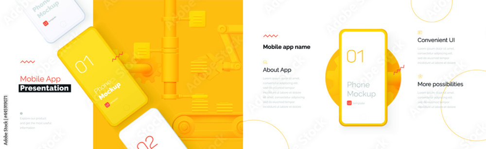 Modern presentation of a mobile application. Mobile phone mockup on a yellow background with a description of the mobile application. Modern illustration 3D style. - obrazy, fototapety, plakaty 