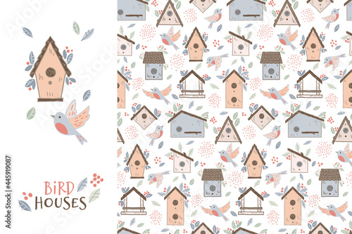 Birds and starling houses pattern. Colorful birdhouses, cute birds and nests, hand drawn isolated on a white background. Cartoon homemade nesting boxes for birds, vector illustration for print.