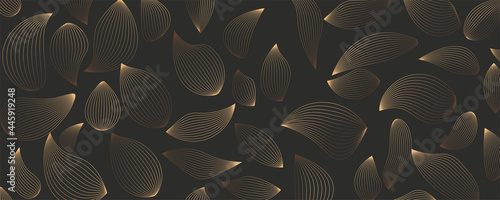 Vector luxury wallpaper design with gold leaf and gray background. Gold line art design for interior, background prints and textures, editable vector illustration.