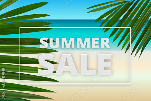 SUMMER SALE announcement banner. Tropical plants and coastal vector illustration background. website, header, typography, graphic, copy space, poster, wave, palm