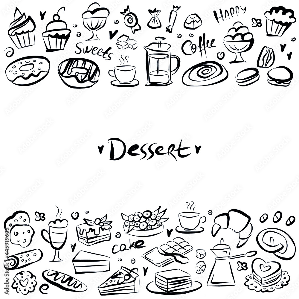 Set of doodle sweets food from Frame with space for text on white. Vector illustration. Cakes, biscuits, baking, cookie, donut, ice cream, macaroons, coffee. Perfect for dessert menu or design.