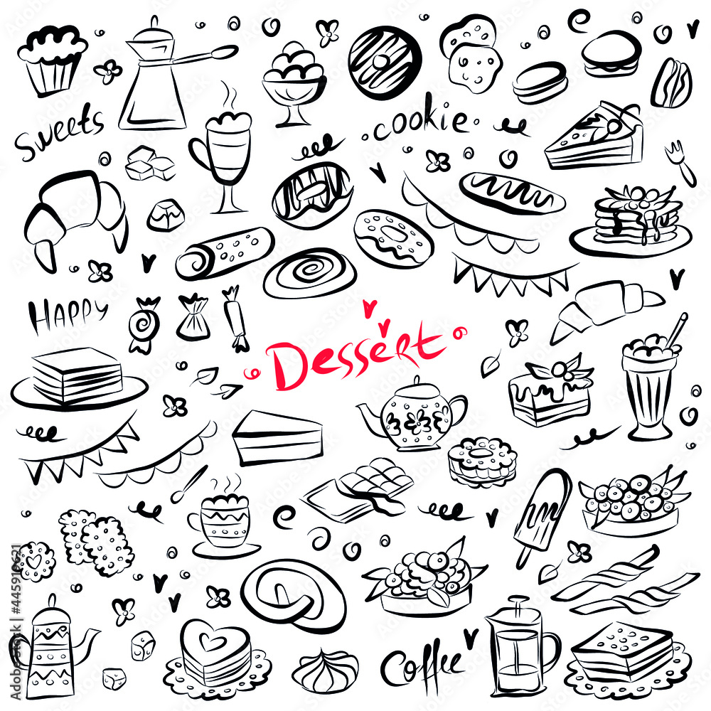 Set of doodle sweets food on white. Vector illustration. Cakes, biscuits, baking, cookie, pastries, donut, ice cream, macaroons, coffee. Perfect for dessert menu or food package design.