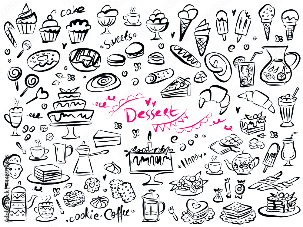 Set of doodle sweets food on white. Vector illustration. Cakes, biscuits, baking, cookie, pastries, donut, ice cream, macaroons, coffee. Perfect for dessert menu or food package design. Set of doodle sweets food on white. Vector illustration. Cakes, biscuits, baking, cookie, pastries, donut, ice cream, macaroons, coffee. Perfect for dessert menu or food package design.