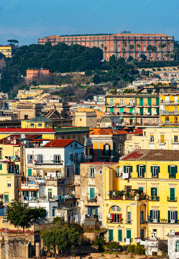 Looking over the colorful buildings from the  Pedementina  Path in Naples, capital of Campania region in Italy