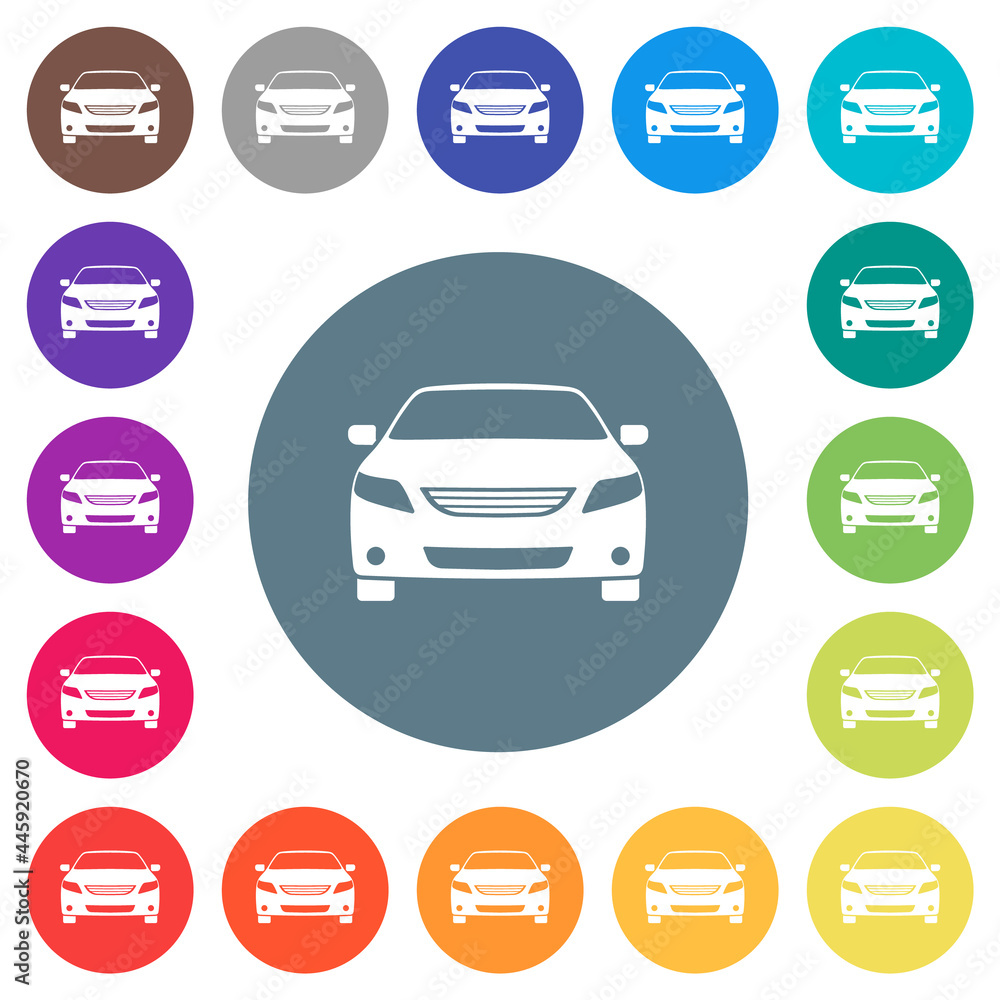 Sport car front view flat white icons on round color backgrounds Sport car front view flat white icons on round color backgrounds