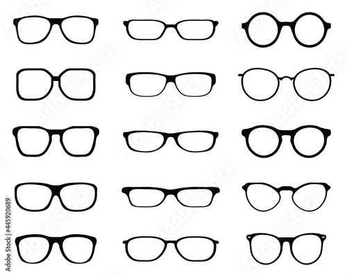 Black silhouettes of different eyeglasses on a white background	