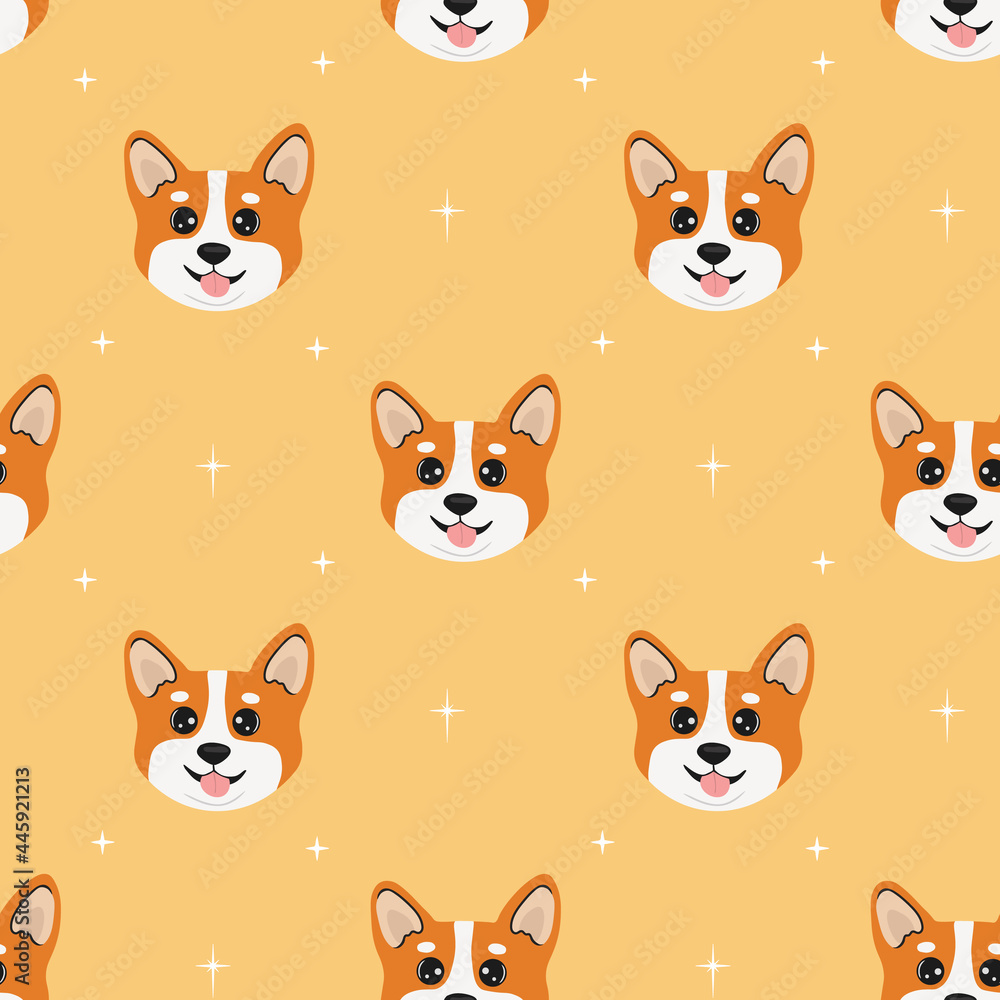 Seamless pattern with head corgi and stars on yellow background. Cartoon design animal character flat vector style. Baby texture for fabric, wrapping, textile, wallpaper, clothing. Funny little doggy.