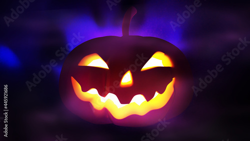 3d rendering lantern light pumpkin with face smile in dark background which have violet and dark blue color light ray on smoke  , halloween decoration concept. © athitat