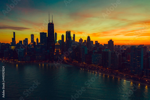 Beautiful sunset above Chicago lakefront skyscrapers  aerial view