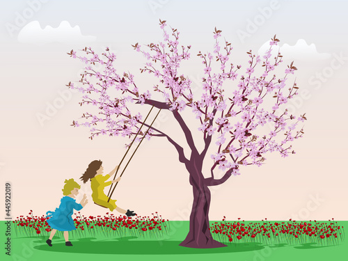 Two girls are playing on a swing under the cherry tree, there is a green field and a pink sky in the background.