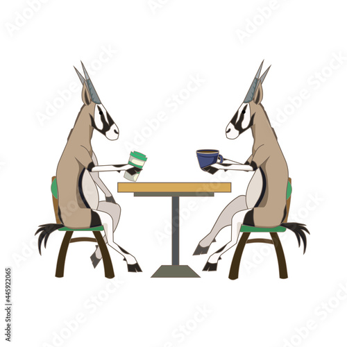 African Gazelles drinking coffee on white isolated background, vector date of Antelopes and beverages in Cartoon style, concept of African wildlife and Savanna, Going out and Enjoy, Romantic and Love.