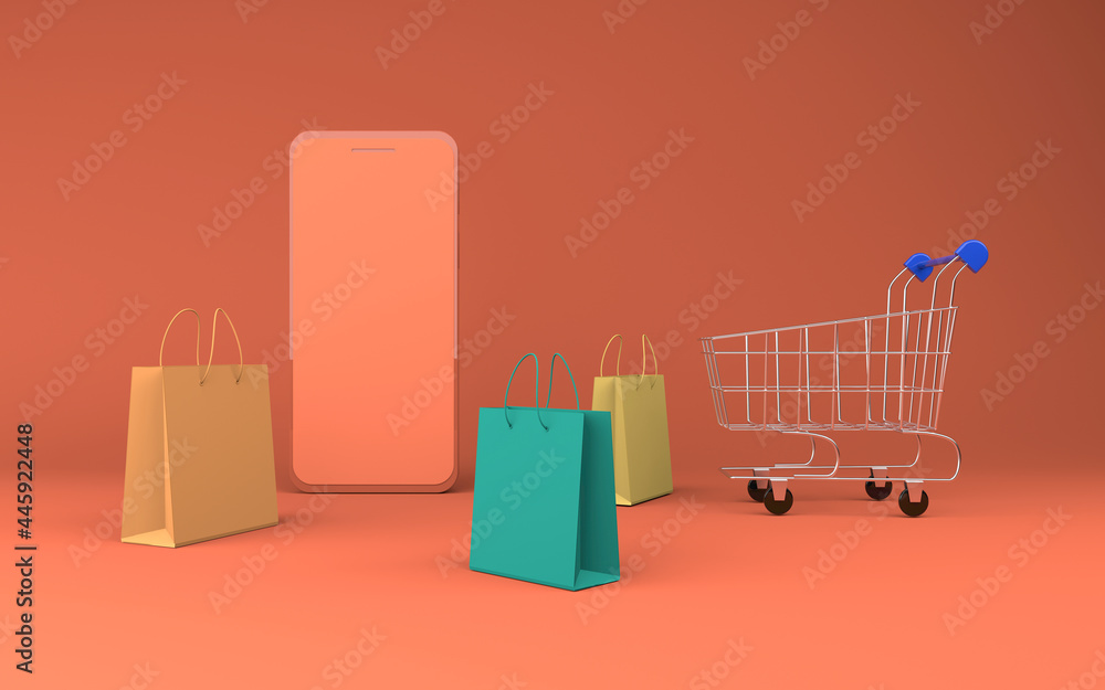 Online shopping concept. Trolley, bags and mobile phone on a colored background. 3D rendering.