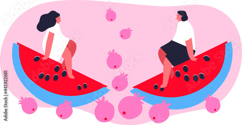 Summer party with flat people character, fruits, tropical fresh beverage. Tiny woman and man enjoy the watermelon. Summer party concept. Editable vector illustration for invitation,postcard, website.
