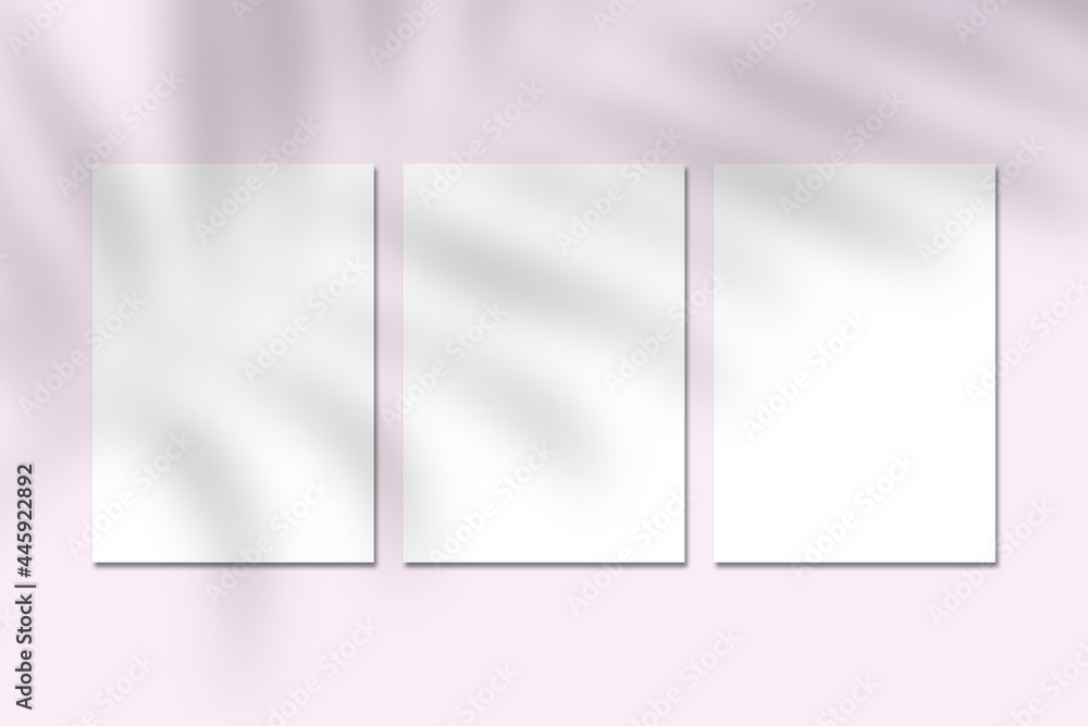 Three empty white vertical A4 rectangle poster or business card mockups with tropical leave shadow on pastell pink backdrop. Flat lay, top view. For advertising, brand design, stationery presentation.