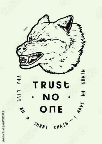 Trust no one angry lone wolf growling head vintage typography t-shirt print vector illustration.