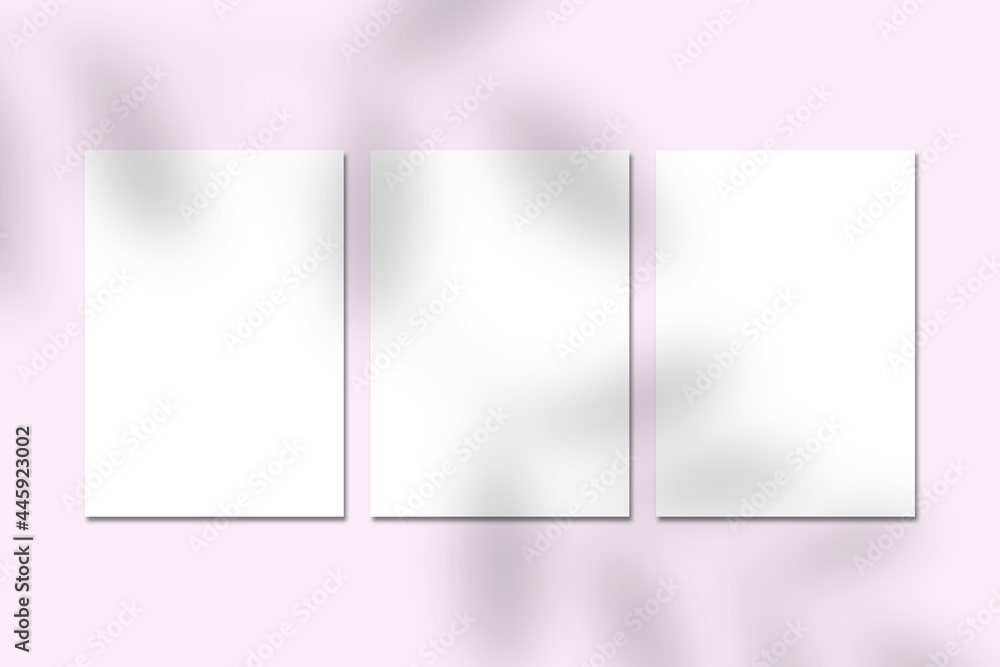 Three empty white vertical A4 rectangle poster or business card mockups with tree leaves shadow on pastell pink backdrop. Flat lay, top view. For advertising, brand design, stationery presentation.