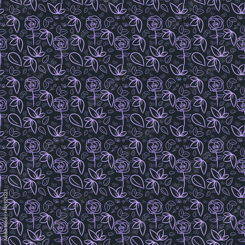 Patrón vectorial repetitivo sin fisuras, de rosas con hojas en un fondo azul oscuro.