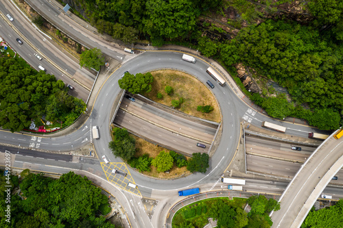 Top down view of Hong Kong traffic roundabout