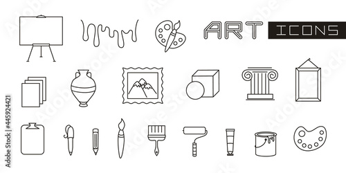 A set of linear elements for art. Brushes, paints, easel and everything for painting. Vector illustration on the topic of art, creativity, drawn, craft and skills. Isolated on white background