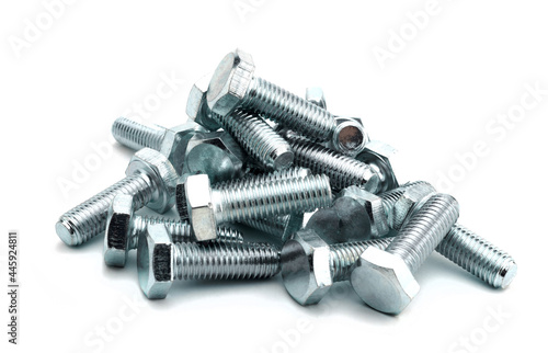 steel galvanized bolts with hex heads isolated on white background