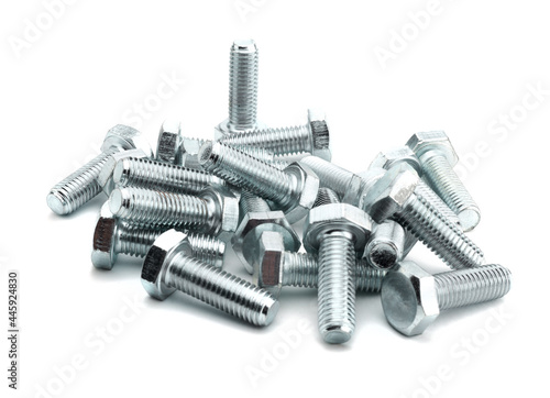 steel galvanized bolts with hex heads isolated on white background