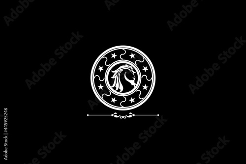 lion head in white circle, black background
