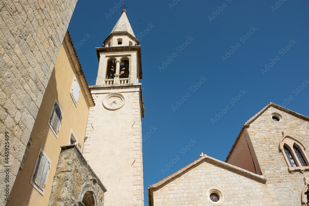 Church and bell tower in the Old Town in Budva, Montenegro.
