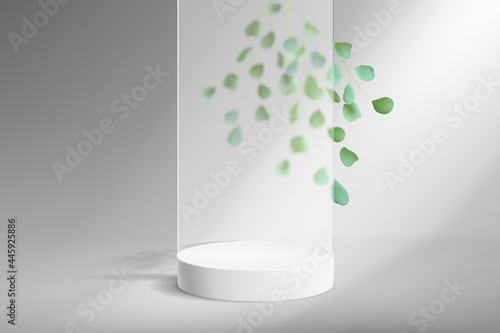 Abstract minimalistic background with empty pedestal for product demonstration and glass with leaves.