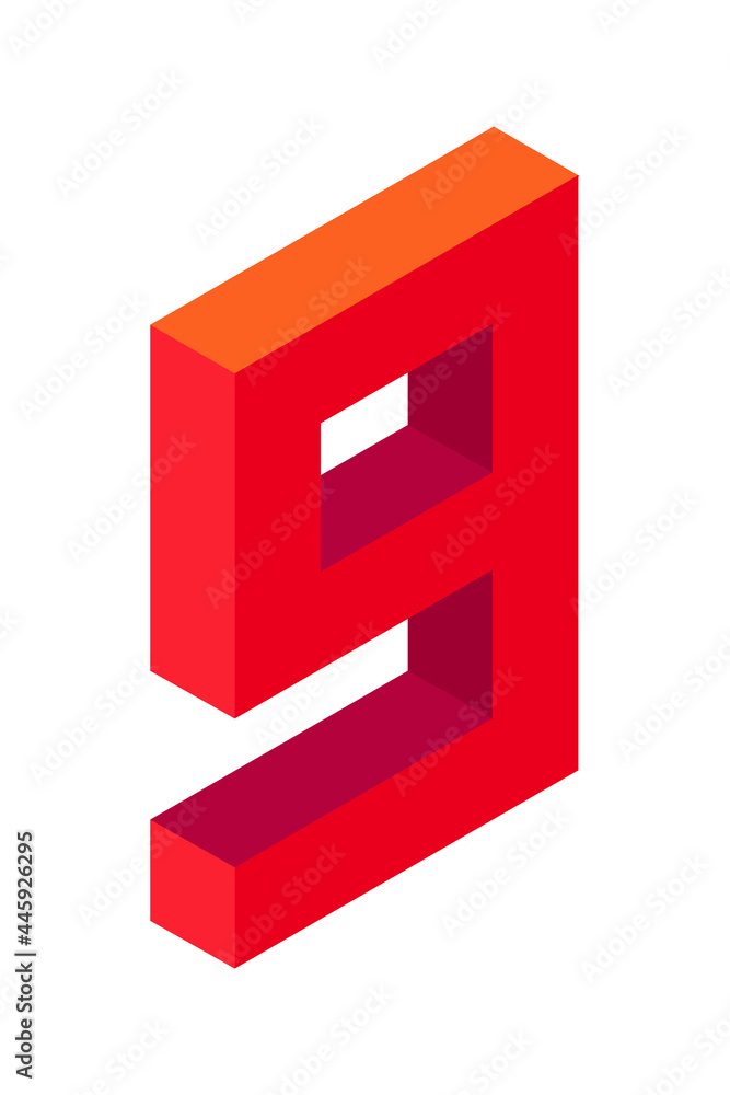 Red number 9 in isometric style. Isolated on white background. Learning numbers, serial number, price, place. Red number 9 in isometric style. Isolated on white background. Learning numbers, serial number, price, place.