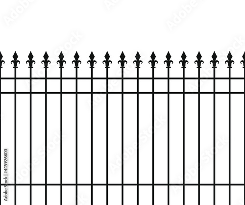 Metal fence, spike lattice bars. Iron gate, vector illustration. Safety barrier graphic black garden or house security