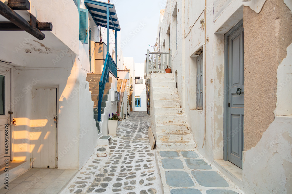Paros island, Greece. Whitewashed buildings, narrow cobblestone streets