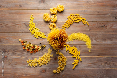 Pasta collection food on wooden table background. Raw pasta italian food