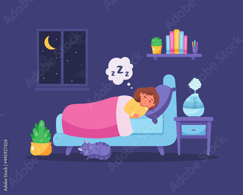 Little girl sleeping in bedroom with air humidifier. Healthy sleep. Vector illustration