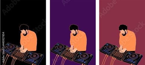 DJ plays music. Vector illustration for banner, poster, postcard. Set with different backgrounds. DJ equipment at night. mixing console and CDj players. Club flyer theme.