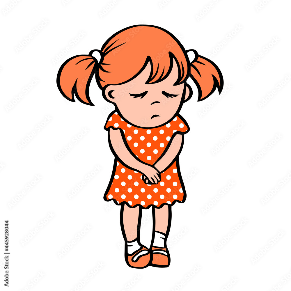 Little sad girl in a red dress. Stands with an unhappy face. Guilt ...