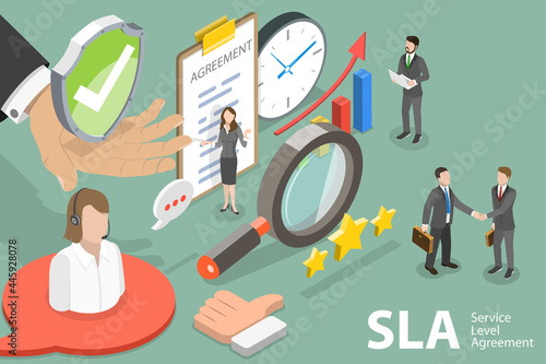 3D Isometric Flat Vector Conceptual Illustration of SLA - Service Level Agreement, Signing Document and Hand Shake