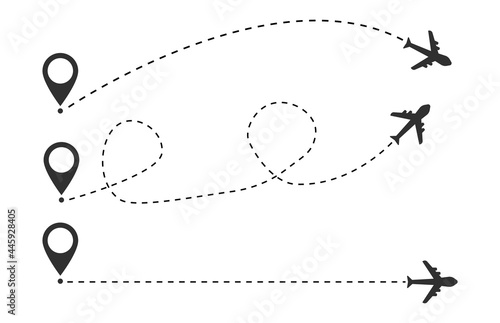 Plane line path. Airplane directional pathway, map dotted trail and fly direction. Aircrafts and pins vector symbols. Airplane moving pathway, aeroplane silhouette route illustration.