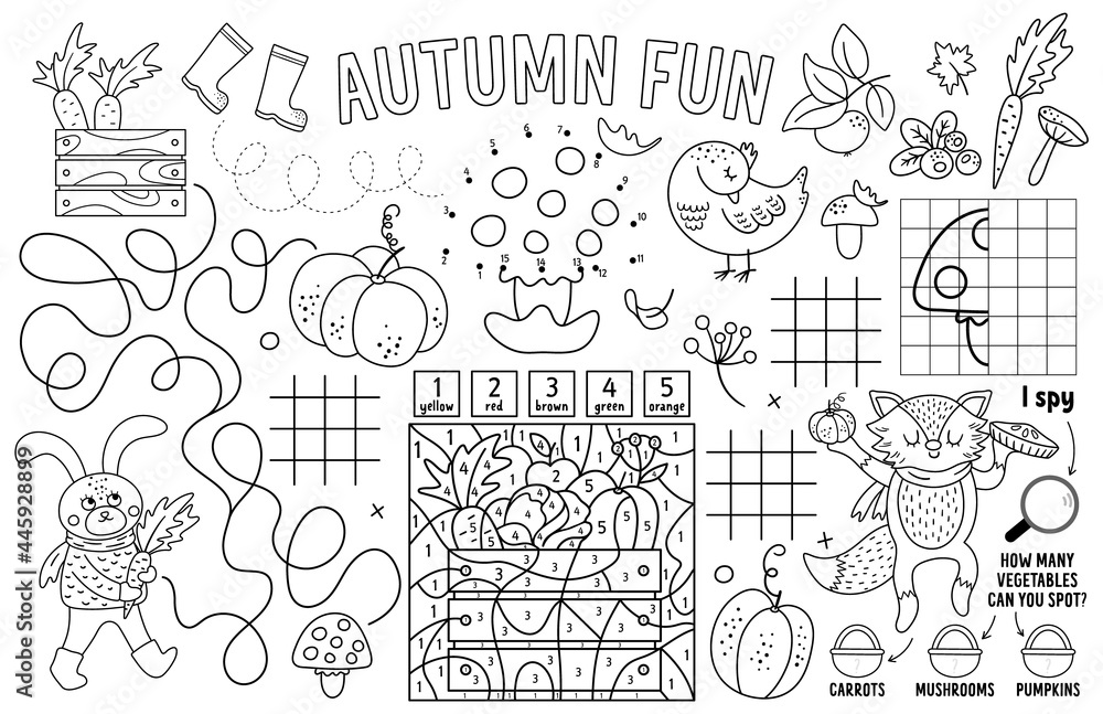 Vector autumn placemat for kids. Fall printable activity mat with maze, tic tac toe charts, connect the dots, find difference, crossword. Black and white play mat or coloring page