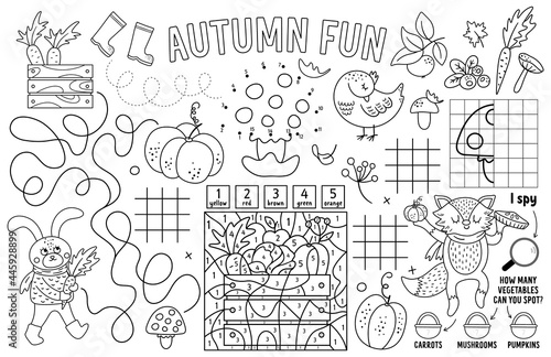 Vector autumn placemat for kids. Fall printable activity mat with maze, tic tac toe charts, connect the dots, find difference, crossword. Black and white play mat or coloring page