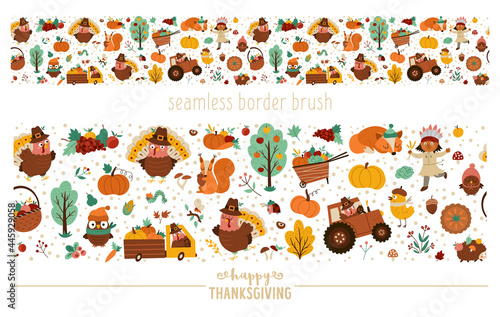 Vector Thanksgiving seamless pattern brush. Autumn repeat horizontal border background with native American turkey, animals, harvest, cornucopia, pumpkins, trees. Fall holiday digital paper.