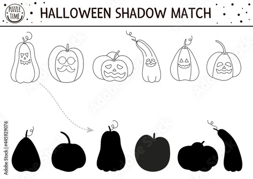 Halloween black and white shadow matching activity. Autumn outline puzzle or coloring page with jack-o-lanterns. Game with scary pumpkins. Find correct silhouette printable worksheet. .