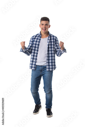 Excited man isolated over white