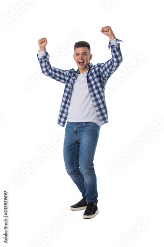 Excited man isolated over white
