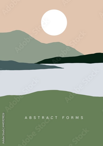Abstract mountain landscape poster. Nature background  sun moon sea mid century contemporary art print. Vector