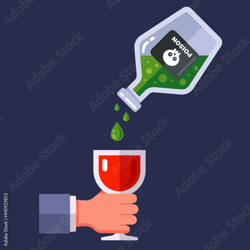 pour poison into a glass of wine. secret murder of a person by poisoning. flat vector illustration.