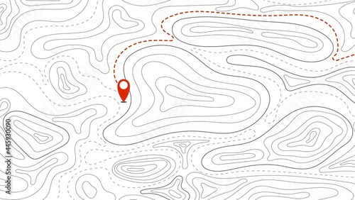 Topographic map and direction marker abstract background. Outline cartography landscape. Topographic relief map. Modern cover design with wavy lines. Vector card with weather map outline pattern.